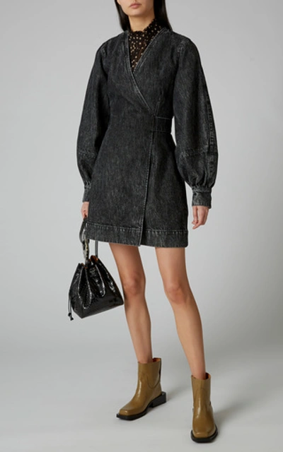 Shop Ganni Wrap-effect Denim Mini Dress In Grey