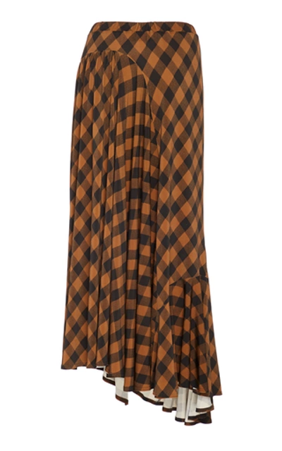 Shop Preen By Thornton Bregazzi Hayat Ruched Checked Twill Midi Skirt In Brown