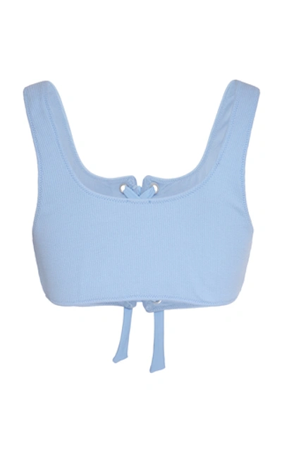 Shop Ganni Tie-detailed Ribbed Bikini Top In Blue