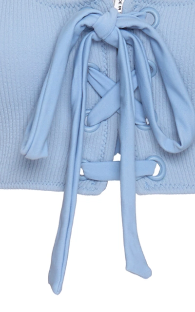 Shop Ganni Tie-detailed Ribbed Bikini Top In Blue