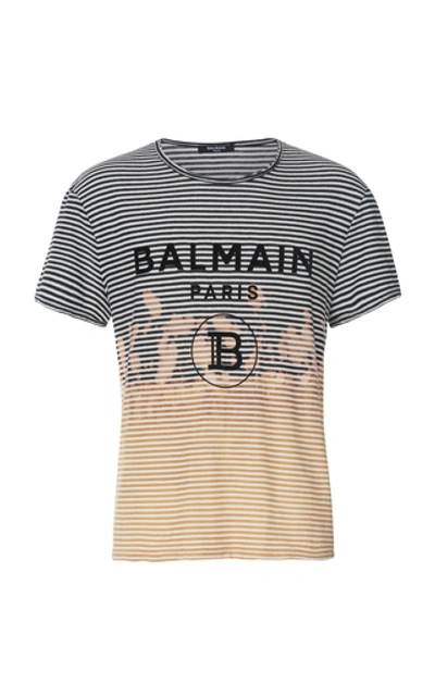 Shop Balmain Distressed Tie-dye Striped Cotton T-shirt In Multi