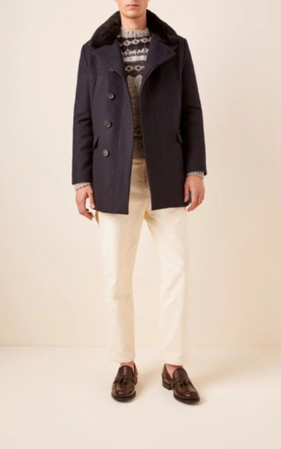Shop Yves Salomon Fur-trimmed Wool-blend Coat In Navy