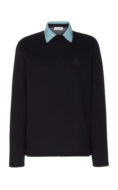 Shop Lanvin Embroidered Two-tone Cotton-piqué Polo Shirt In Navy