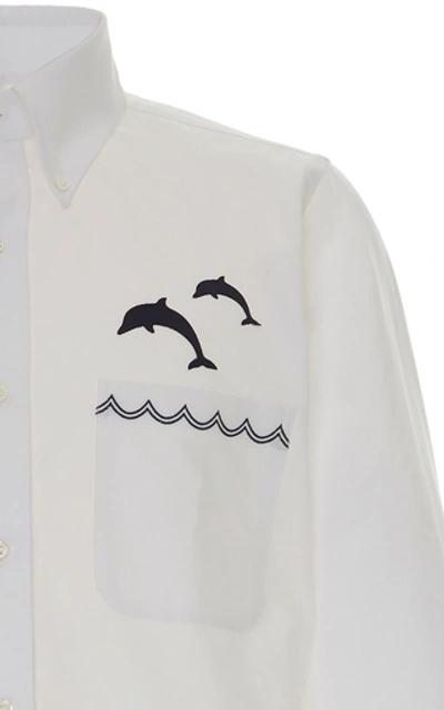 Shop Thom Browne Embroidered Dolphin Cotton Button Down Shirt In White