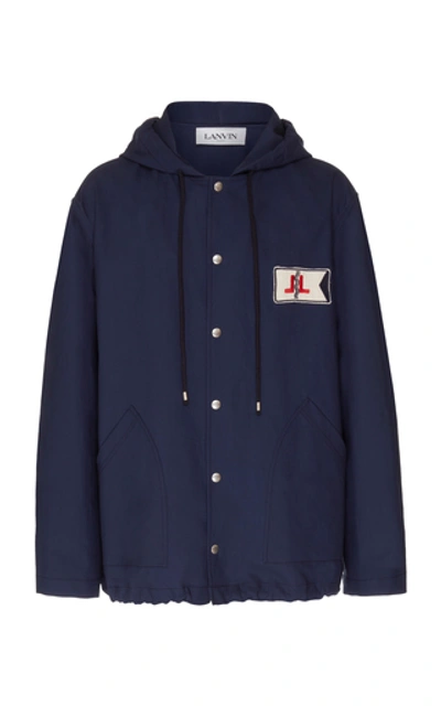 Shop Lanvin Hooded Logo-embroidered Cotton-twill Parka In Navy