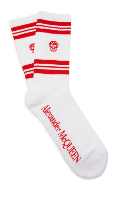 Shop Alexander Mcqueen Striped Intarsia Stretch Cotton-blend Socks In White