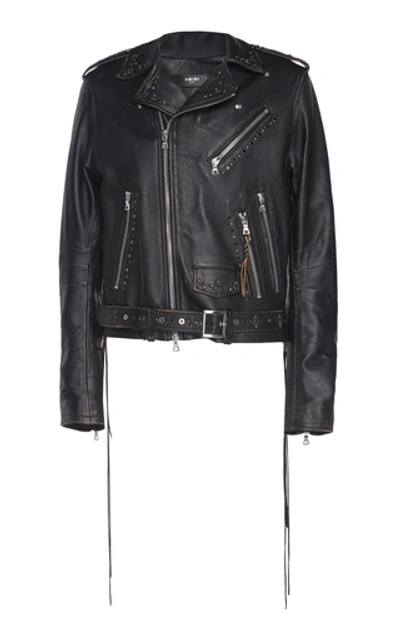 Shop Amiri Embellished Leather Biker Jacket In Black