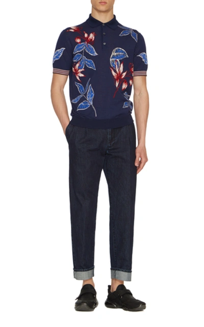 Shop Prada Floral-jacquard Polo Shirt In Navy