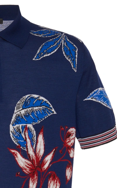 Shop Prada Floral-jacquard Polo Shirt In Navy