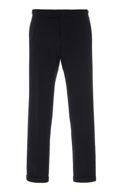 Shop Thom Browne Low-rise Textured Wool Trousers In Navy
