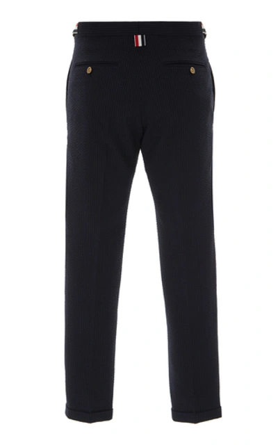 Shop Thom Browne Low-rise Textured Wool Trousers In Navy