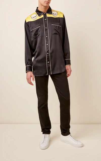Shop Lost Daze Embroidered Silk-satin Western Shirt In Black