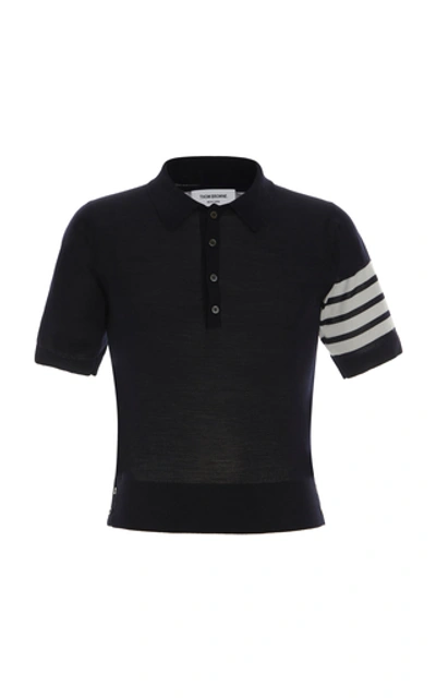 Shop Thom Browne Short-sleeve Four-stripe Wool Polo Shirt In Navy