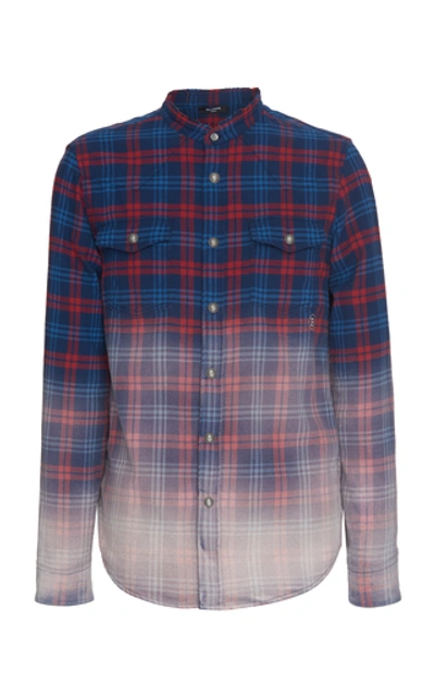 Shop Balmain Embroidered Plaid Gradient Cotton Shirt In Red