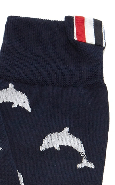 Shop Thom Browne Mid-calf Intarsia Cotton-blend Socks In Navy