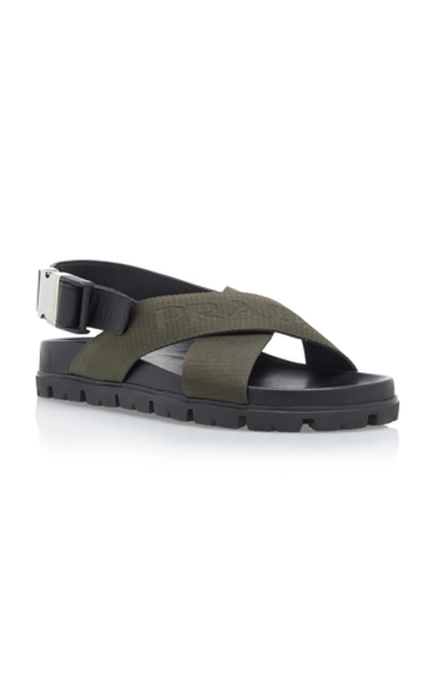 Shop Prada Leather-trimmed Canvas-jacquard Sandals In Green