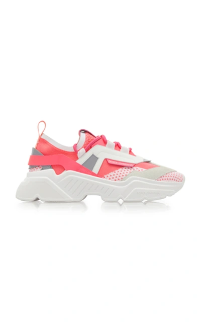 Shop Dolce & Gabbana Leather And Suede-trimmed Stretch-knit Sneakers In Pink