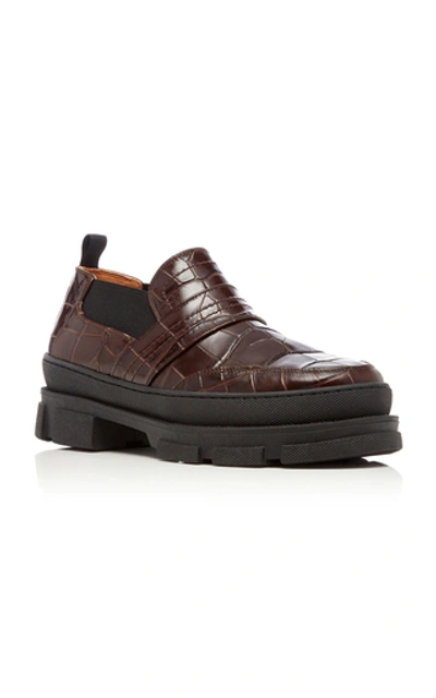 Shop Ganni Croc-effect Leather Loafers In Brown