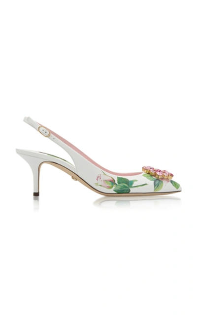 Shop Dolce & Gabbana Crystal-embellished Floral-print Leather Slingback Pum
