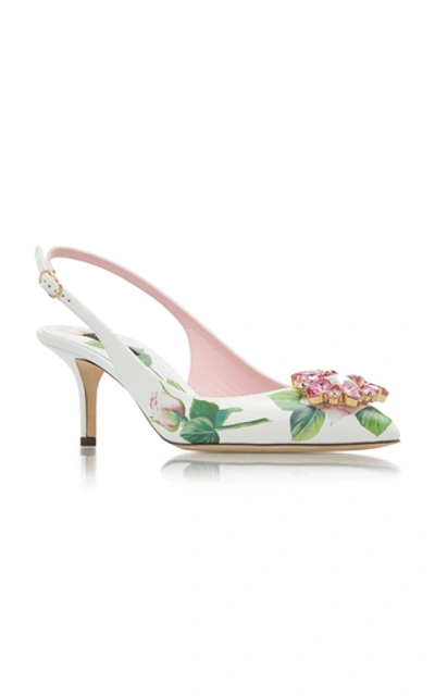 Shop Dolce & Gabbana Crystal-embellished Floral-print Leather Slingback Pum
