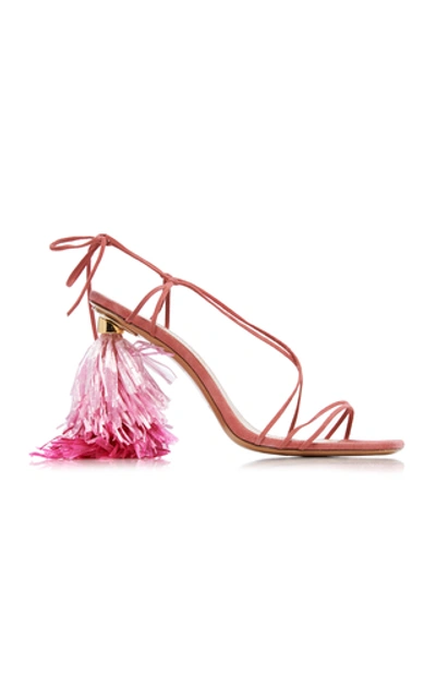 Shop Jacquemus Raphia Tasseled-heel Suede Sandals In Pink