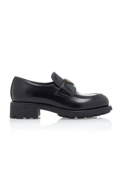 Shop Prada Leather Platform Loafers In Black