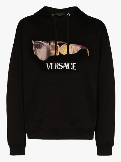 Shop Versace Sunglasses Logo Print Cotton Hoodie In Black