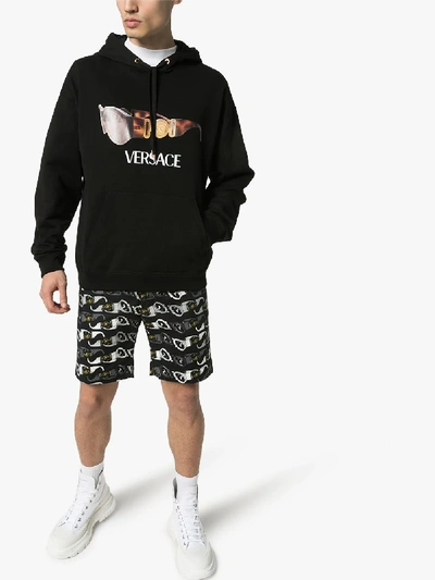 Shop Versace Sunglasses Logo Print Cotton Hoodie In Black