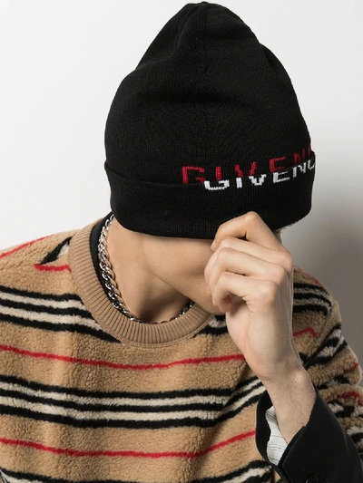 Shop Givenchy Black Double Logo Wool Beanie