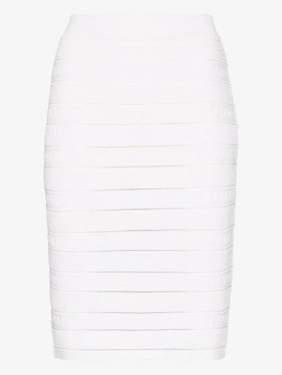 Shop Balmain Logo Stripe Knit Pencil Skirt In White