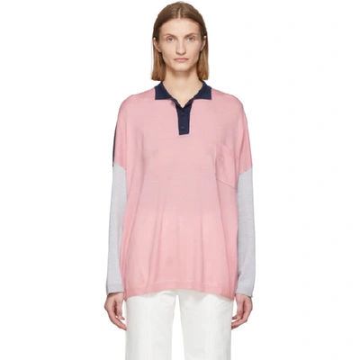 Shop Loewe Pink And Navy Wool Oversized Long Sleeve Polo In 7627 Pnknav