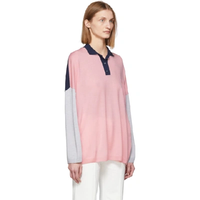 Shop Loewe Pink And Navy Wool Oversized Long Sleeve Polo In 7627 Pnknav