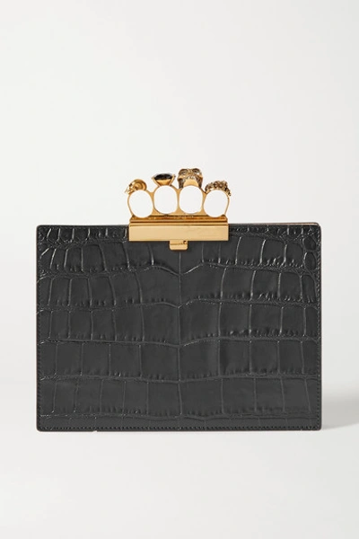 Shop Alexander Mcqueen Four Ring Embellished Croc-effect Leather Clutch In Black