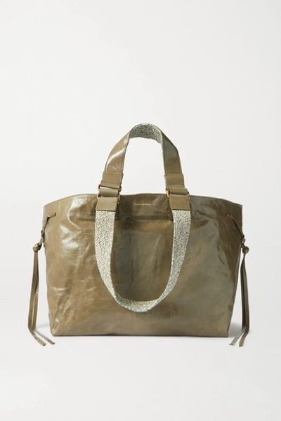 Shop Isabel Marant Wardy Canvas-trimmed Crinkled-leather Tote In Green
