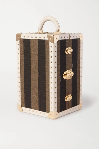 Shop Fendi Studded Leather-trimmed Striped Canvas Case In Brown