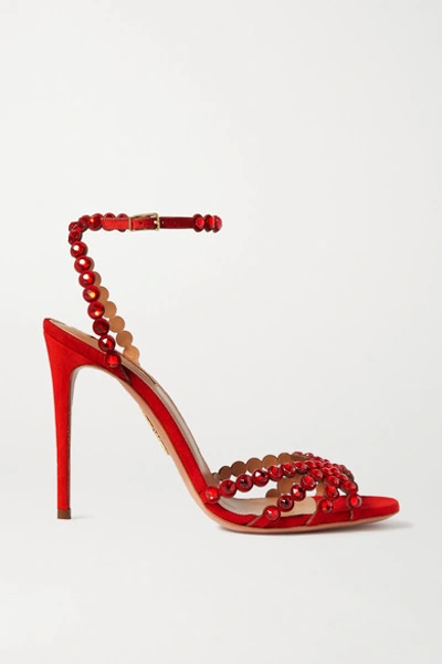 Shop Aquazzura Tequila 105 Crystal-embellished Suede Sandals In Red