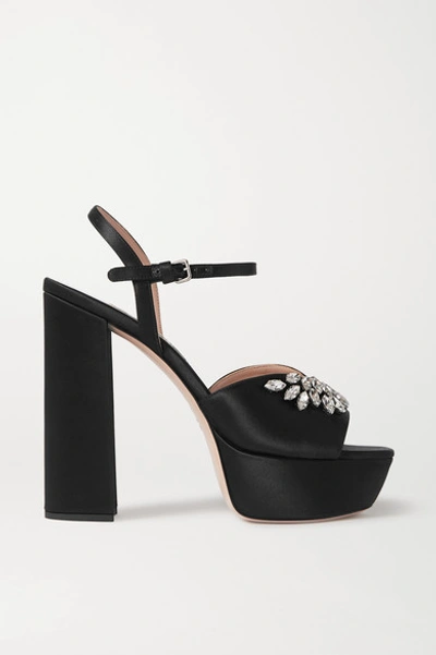 Miu Miu Crystal-embellished Satin Platform Sandals In Black