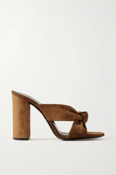 Shop Saint Laurent Bianca Knotted Suede Mules In Brown