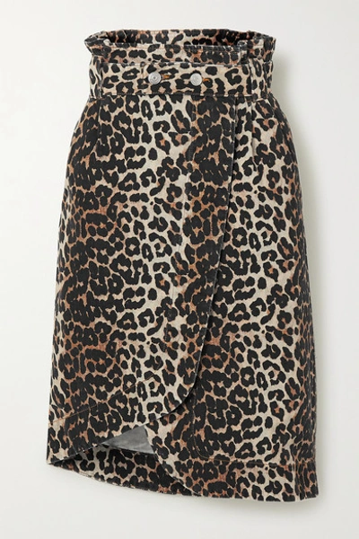 Shop Ganni Leopard-print Denim Wrap Midi Skirt In Leopard Print