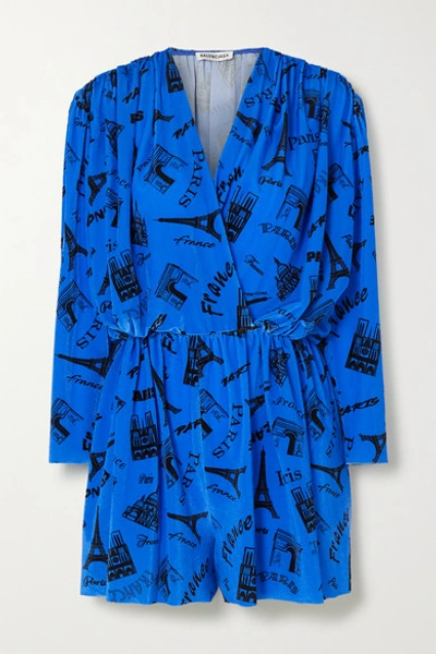 Shop Balenciaga Wrap-effect Printed Stretch-velvet Playsuit In Blue