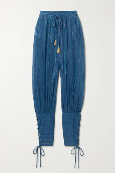 Shop Miguelina Tara Striped Cotton And Lurex-blend Tapered Pants In Blue