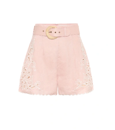 Shop Zimmermann Freja Embroidered Linen Shorts In Pink