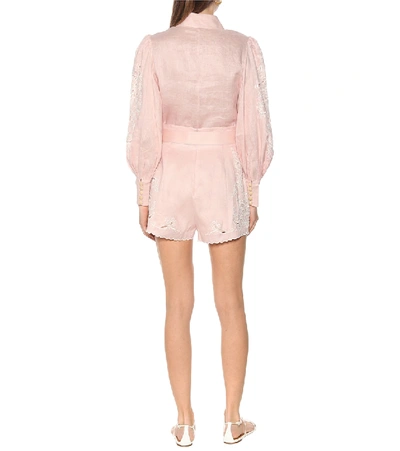 Shop Zimmermann Freja Embroidered Linen Shorts In Pink