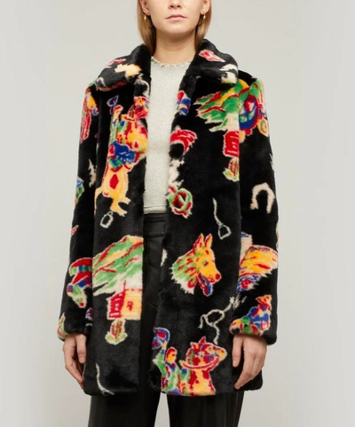 Shop Shrimps Lassie Rodeo-print Faux-fur Coat In Black