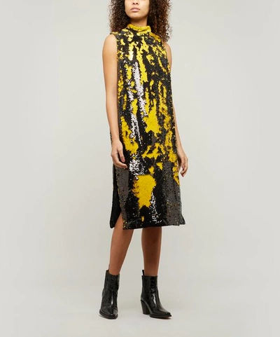 Shop Ganni Sequin Midi-dress In Lemon