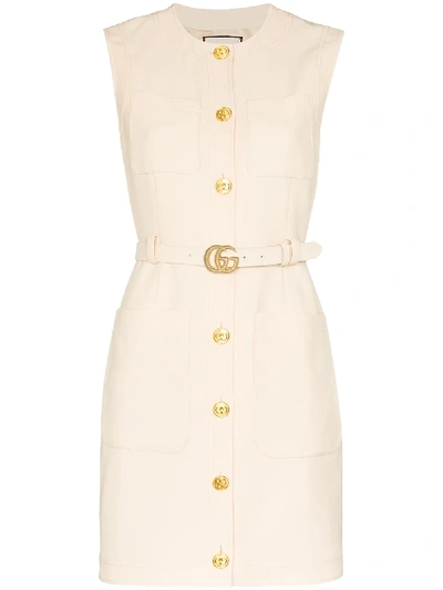 Shop Gucci Belted Waist Mini Dress In Neutrals
