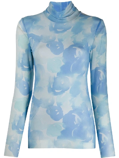 Shop Ganni Printed Mesh Roll-neck Top In Blue