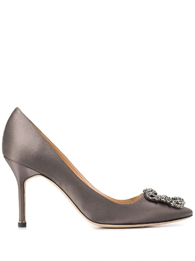 Shop Manolo Blahnik Hangisi 90mm Jewel Buckle Pumps In Grey