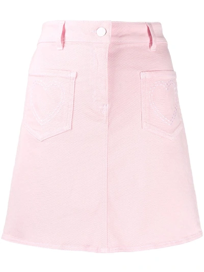 Shop Love Moschino Heart Embroidered Denim Skirt In 粉色