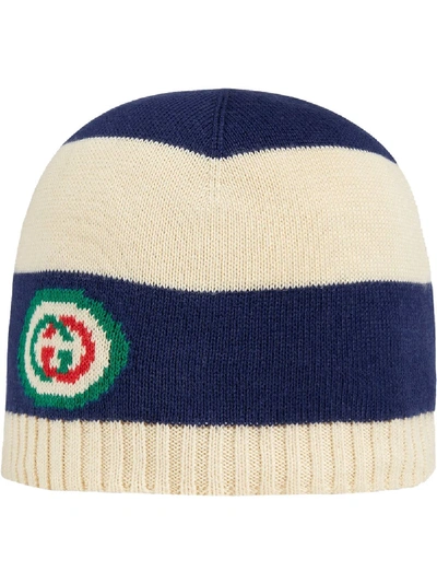 Shop Gucci Striped Knitted Hat In Blue